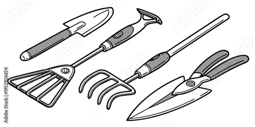 Assorted gardening tools laid out on a white background