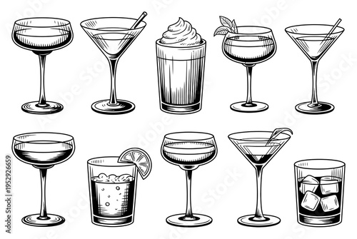 Cocktail Glasses Hand Drawn Vector Illustration Set