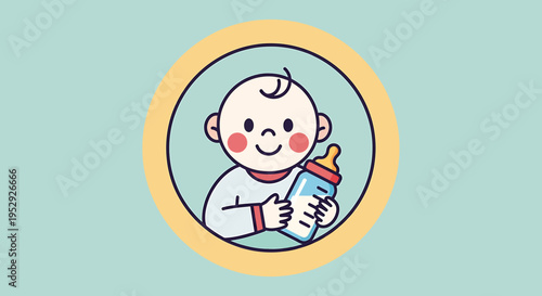Minimal Monoline Baby Holding Bottle Illustration, Cute Icon Design, Light Background, Flat Vector, Front View, Concept