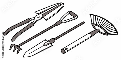 Assorted gardening tools laid out on a white background