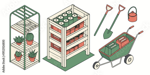 A vibrant illustration of a garden scene with a greenhouse, plants, and gardening tools.