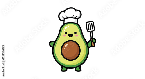 Cartoon avocado chef holding spatula isolated on white