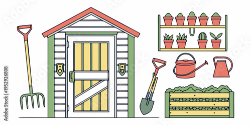 Assorted gardening tools and equipment neatly organized in a shed.