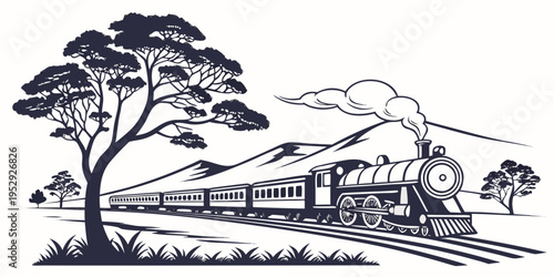 A vintage steam train travels through a picturesque countryside landscape with trees and hills