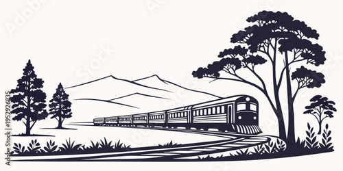 A vintage train journeying through a scenic landscape with trees and mountains.