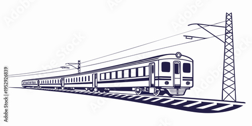 A vintage train traveling through a scenic landscape with overhead electric lines.