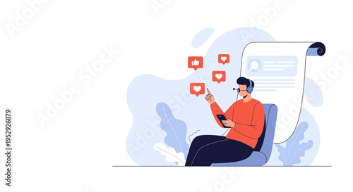 Man with headset using smartphone, social media likes, online profile, digital communication