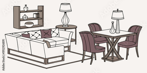 A beautifully furnished living room with a dining area and a cozy sofa