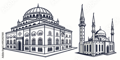 A comparison of architectural styles between a historic theater and a modern mosque