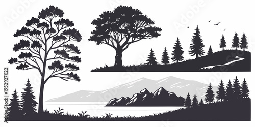 A serene landscape featuring a variety of trees and a tranquil body of water