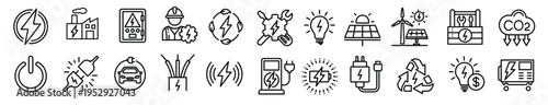 “Energy Thin Line Icon Set – Renewable Energy, Power, Electricity and Sustainability Outline Icons”
