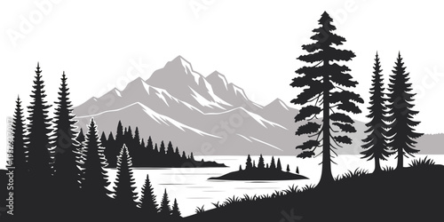 Majestic mountain landscape with serene lake and towering pine trees