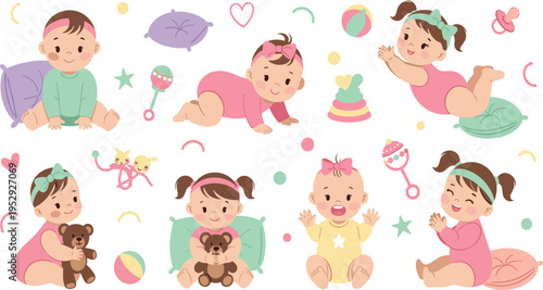 Cute Baby Girl Collection with Newborn Infants Playing Crawling Sitting and Holding Toys in Soft Cartoon Vector Illustration Style.