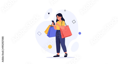 Woman with shopping bags using smartphone, online shopping concept, flat illustration