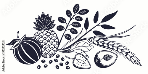A detailed illustration of various fruits, vegetables, and grains.