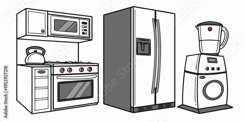 A collection of essential kitchen appliances including a refrigerator, microwave, oven, and washing machine.