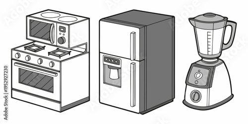 A collection of essential kitchen appliances including a stove, refrigerator, and blender.