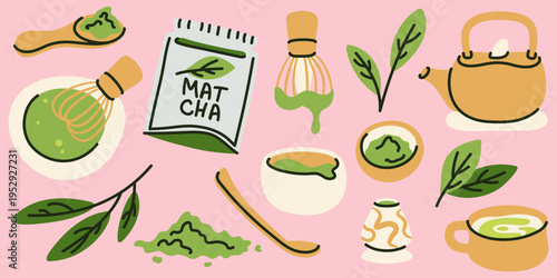 Cute matcha tea set illustration with kettle, whisk and bowl on pink background