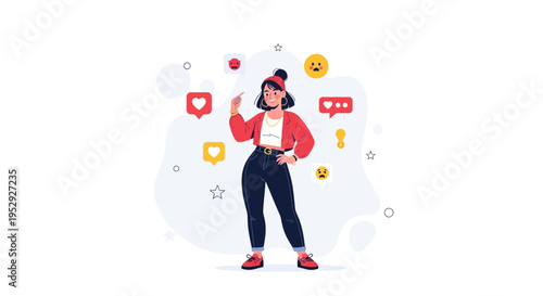 Young woman with social media icons, likes, comments, and emojis, modern illustration