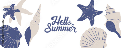 Hello Summer Banner with Sea Shells and Starfish in flat design