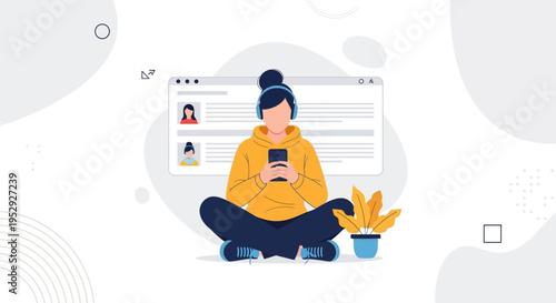 Young woman with headphones using smartphone, sitting cross-legged, digital interface background