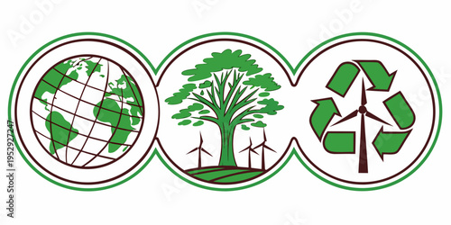 Three circular icons representing global sustainability and environmental protection