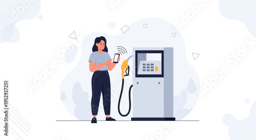 Woman using smartphone for contactless payment at gas station pump