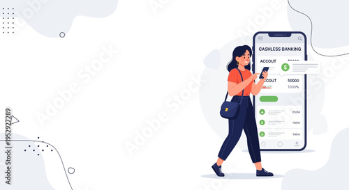 Woman using cashless banking app on smartphone, digital finance concept