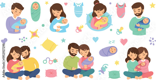 Happy Family with Newborn Baby Collection Showing Parents Holding Feeding and Bonding with Infants in Flat Cartoon Vector Illustration Style.