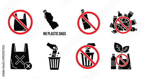 No plastic prohibition signs depicting waste and ecological alternatives