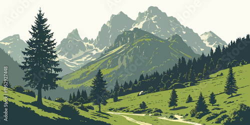 A serene landscape of mountains and trees under a clear blue sky with green fields