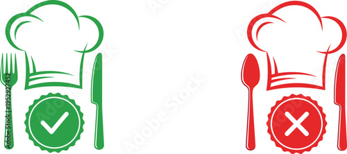 Food Approved and Rejected Chef Hat Icon Set with Check and Cross Symbols, Restaurant Quality Control Label for Culinary Standards, Kitchen Safety, and Hygiene Certification