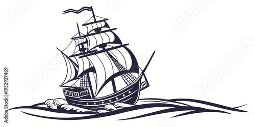 A detailed illustration of a sailing ship on the open sea