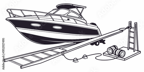 A sleek white boat resting on a trailer with a jet ski nearby.