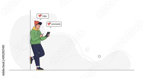 Young man using smartphone, receiving likes and comments, social media concept