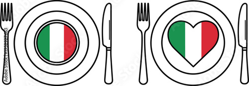 Italian Cuisine Plate Icon Set with Italy Flag and Heart Symbol, National Restaurant Menu Illustration for Dining, Culinary Branding, and Cultural Food Graphics