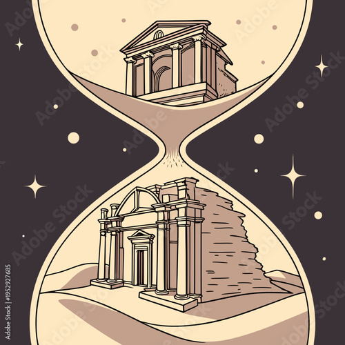 Ancient roman temple in hourglass symbolizing passage of time, history and decay illustration