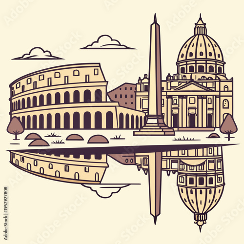 Reflected rome landmarks illustration: colosseum, st. peter's basilica, and obelisk with mirror effect, peter's basilica with a perfect reflection below, creating a serene scene