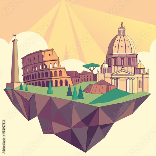 Fantasy rome floating island: colosseum, st. peter's basilica, and obelisk on a polygonal landmass, peter's basilica situated on a stylized floating polygonal island, with sun rays
