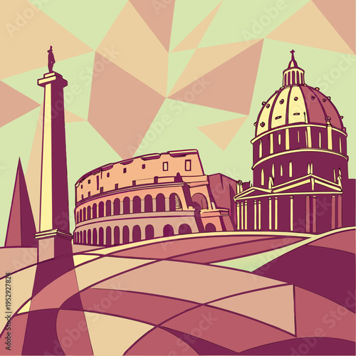 Geometric rome skyline: colosseum, st. peter's basilica, and obelisk with polygonal art style, peter's basilica, and an obelisk against a polygonal background