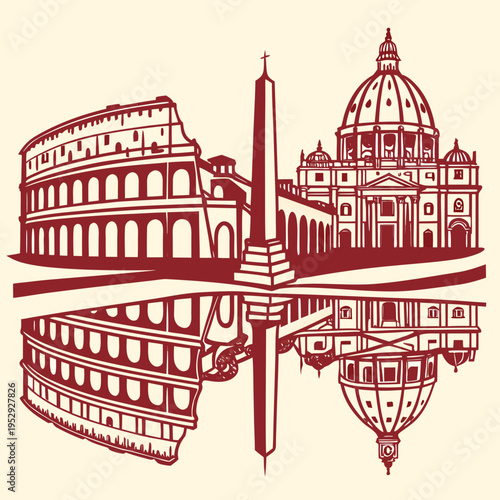 Monochromatic red rome illustration: colosseum, st. peter's basilica, and obelisk with reflection, peter's basilica, with a dramatic reflection below
