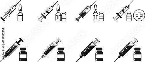 Syringe and vaccine line icons set with injection, medicine vial and medical vaccination symbols isolated on white background for healthcare, pharmacy and immunization concepts