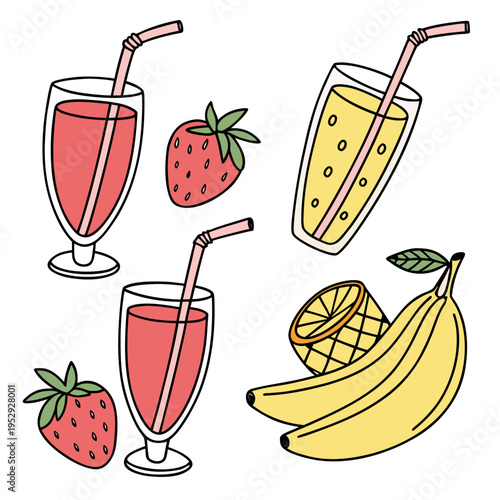Colorful summer smoothies and fresh fruit elements for healthy lifestyle and refreshment with strawberry smoothie