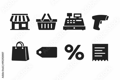 Shopping and retail icons set: storefront, basket, register, scanner, bag, tag, discount, receipt