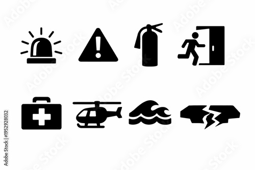 Emergency icons: alert, warning, extinguisher, exit, first aid, helicopter, waves, crack