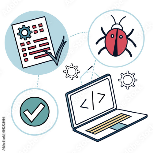 Software development process icons with laptop, code, bug, and checklist for debugging, quality assurance