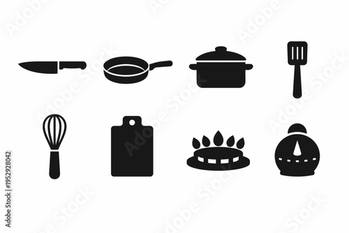 Kitchen utensil icons: knife, pan, pot, spatula, whisk, board, stove, timer