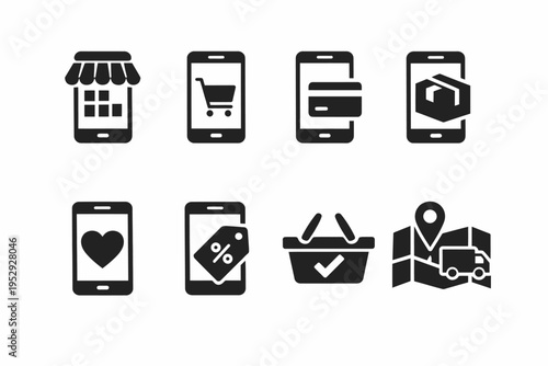 Mobile shopping icons: cart, payment, delivery, discount, check, map, locator
