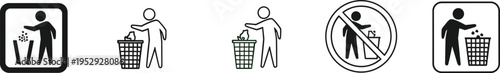 Trash disposal and no littering icons set with people throwing waste in bin symbols isolated on white background for cleanliness and environmental awareness concepts