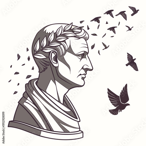 Ancient roman bust with laurel wreath and flying birds illustration, history and freedom concept, ancient rome